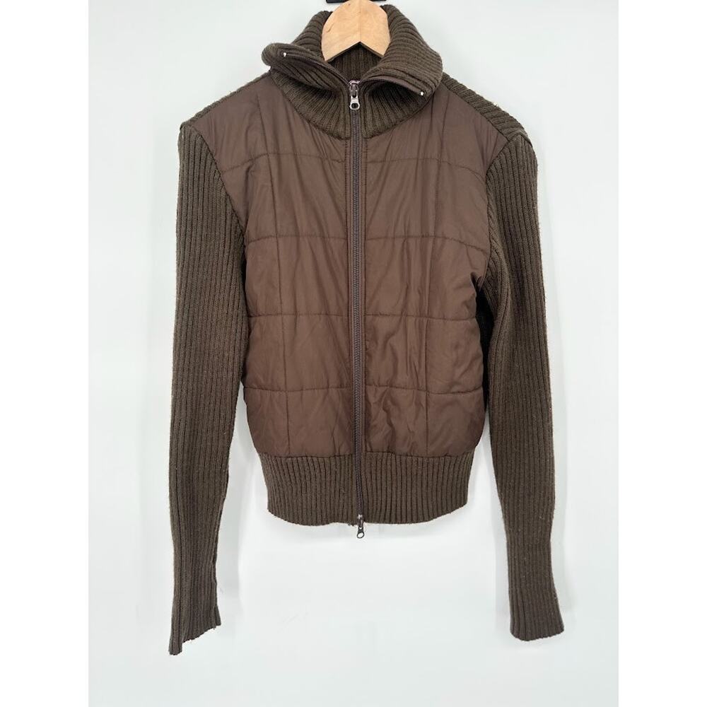 Y2K Ribbed Quilted Full Zip Jacket Stand Collar Chocolate Brown Rachel Green L